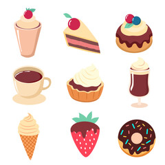 A set of vector dessert elements suitable for decoration and presentations.
