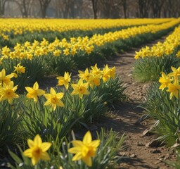 Fototapeta premium Sunny spring field, vibrant yellow daffodils blooming , field of flowers, plant, springtime flowers