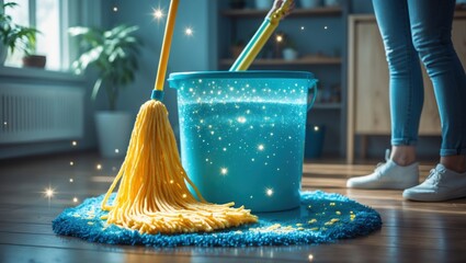 A person cleaning a floor with a yellow mop in a bright room, surrounded by plants and sparkling water