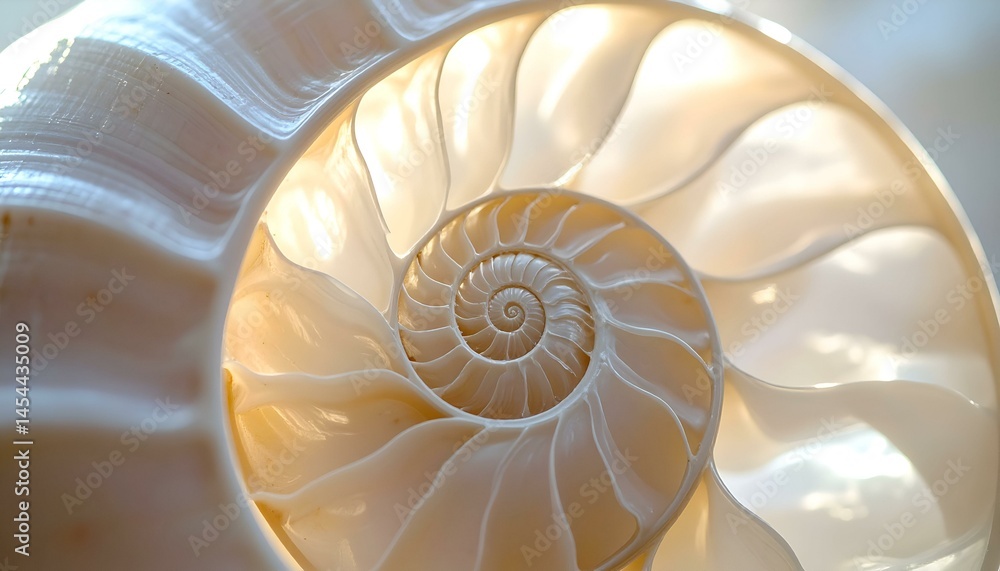 Aufkleber close-up of a nautilus shell, showcasing its intricate spiral structure and pearly texture. illumina
