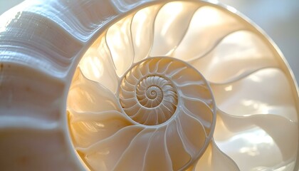 Obraz premium Close-up of a nautilus shell, showcasing its intricate spiral structure and pearly texture. Illuminated by soft light, revealing delicate details.