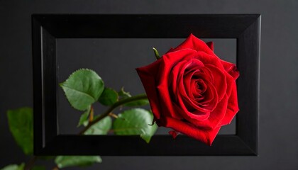 A single, vibrant red rose artfully framed within a sleek black picture frame against a dark background.  Elegant and romantic.