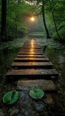 Wooden path through serene forest lake
