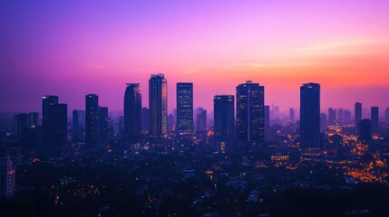 Obraz premium Cityscape at twilight. Blurred, colorful urban skyline at dusk. Soft focus on buildings