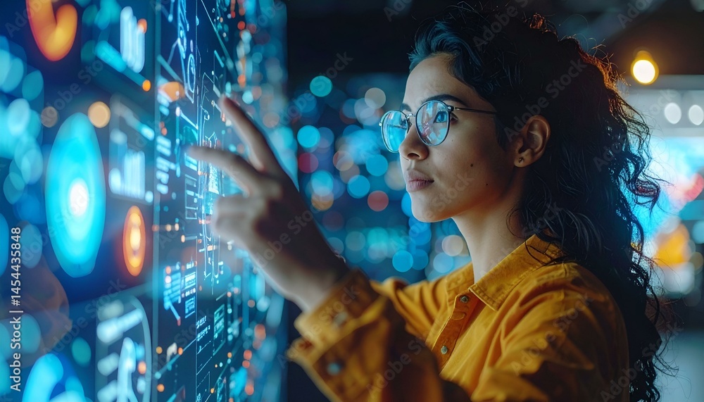 Poster woman in glasses interacts with a futuristic digital interface, analyzing data visualizations.