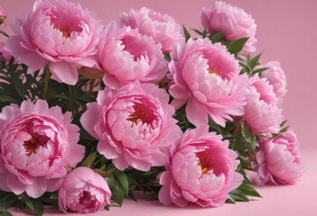 Fototapeta premium Dense cluster of pink peonies, soft pink backdrop, nature, delicate