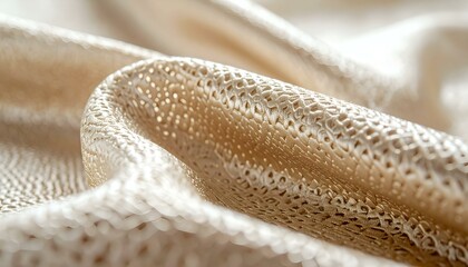 Fototapeta premium Close-up of elegant, beige fabric with intricate texture. Luxurious textile background.