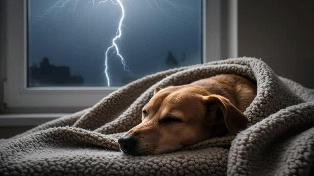 sleeping dog covered with blanket feeling calm during thunderstorm by the window