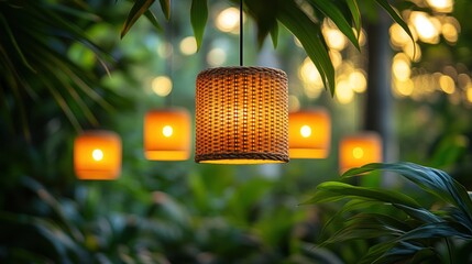 Woven lanterns in a lush garden setting