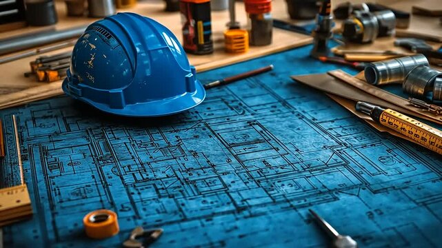 Blueprint spread with construction tools and a hard hat.  Detailed architectural plans are visible, surrounded by various work tools, such as a measuring tape, wrenches, and piping components