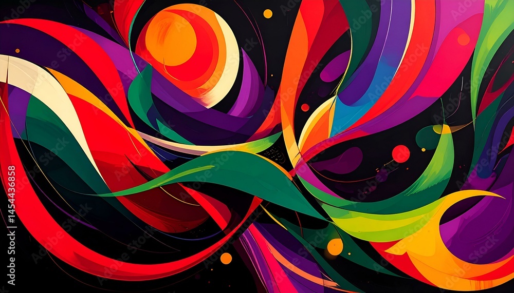 Poster vibrant abstract art with swirling, multicolored shapes and contrasting colors. perfect for backgrou
