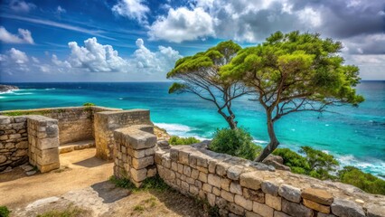 Fototapeta premium Ancient stone walls with turquoise sea views and wind-swept trees in the foreground , colonial, fort, colonial, fort, solitude