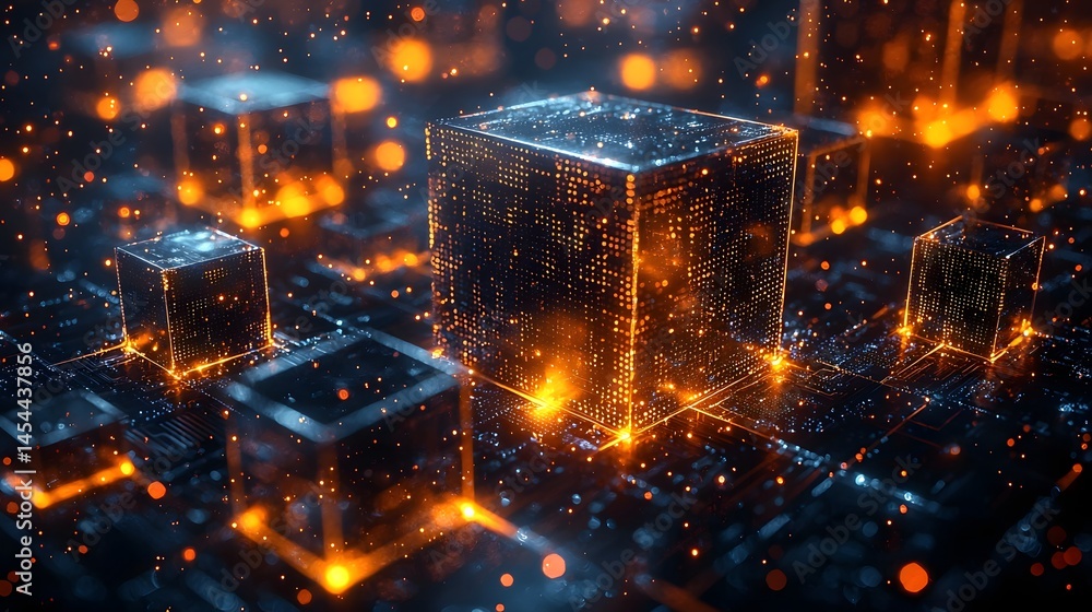Poster futuristic blockchain network visualized as glowing interconnected cubes