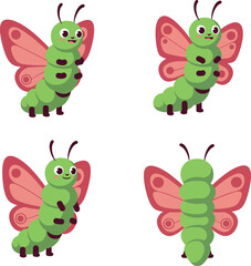 Naklejka premium Green Cute Cartoon Caterpillar with Pink Wings Vector Illustration for T-shirt Designs and Print Projects 