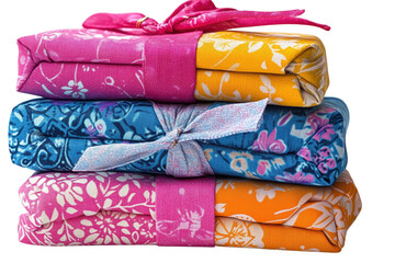 Vibrant stack of batik fabric gifts tied with colorful ribbons showcasing beautiful floral on transparent background