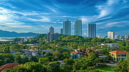 Obraz premium Cityscape with lush greenery and modern towers