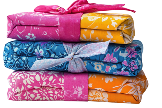 Vibrant stack of batik fabric gifts tied with colorful ribbons showcasing beautiful floral on transparent background