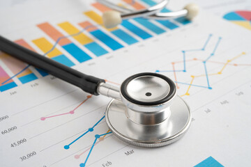 Fototapeta premium Stethoscope on spreadsheet and graph paper, Finance, Account, Statistics, Investment, Analytic research data economy and Business company.