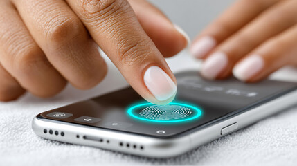 Person is using smartphone with fingerprint scanner, showcasing modern technology and security features. focus is finger pressing scanner, highlighting convenience and innovation mobile devices