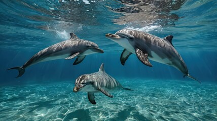 Naklejka premium Three bottlenose dolphins swim gracefully together underwater