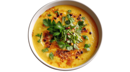 Creamy Pumpkin Soup:  A rich, golden, creamy pumpkin soup topped with fresh parsley and spices, a vibrant and comforting autumnal dish.
