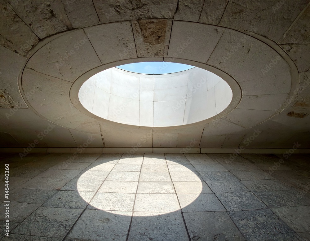 Poster oval skylight illuminates stone floor in modern architecture. abstract image of light and shadow.