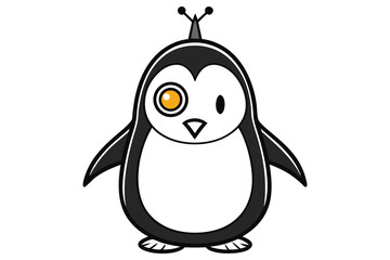 Cartoon penguin with cyclops eye and antennas stands against a white backdrop transparent