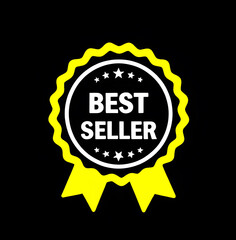 Fototapeta premium neon yellow and white best seller medal, selling award, prize label, icon, ribbon, isolated black background