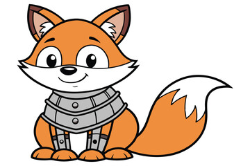 Obraz premium Cartoon fox character smiling while wearing metal armor plating and sitting down against white