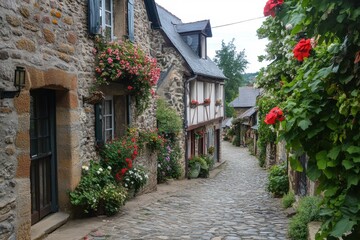 Naklejka premium Old cobbled alley with climbing roses and wooden doors