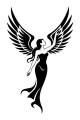A vector silhouette of an elegant angel with wings, isolated on a white background.