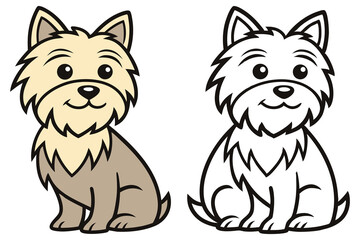 A cartoon Cairn Terrier sits happily; one version is colored, another is line art