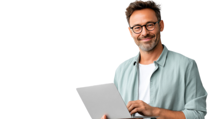 Smart Professional Engaged: A mature, professional, man in glasses looks at the camera as he works with a laptop, representing intelligence, technology, and business.