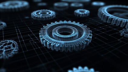 3D wireframe of mechanical gears on a black background, design software interface overlay with tools for drawing and sprite sheet creation