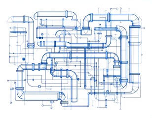 Abstract blue pipeline blueprint sketch. Intricate network of pipes and tubes. Engineering design concept. Industrial infrastructure.