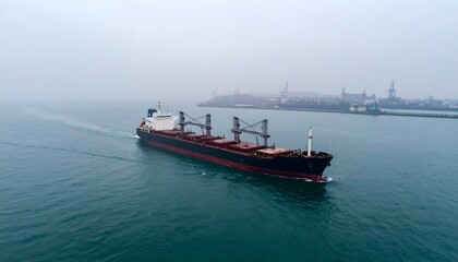 Naklejka premium Cargo ship sailing on a foggy sea towards a port.