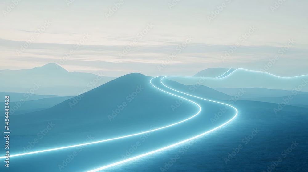 Poster デジタル化された青い光の線が山々を繋ぐ抽象的な風景画 雲のある穏やかな空が背景に広がっています