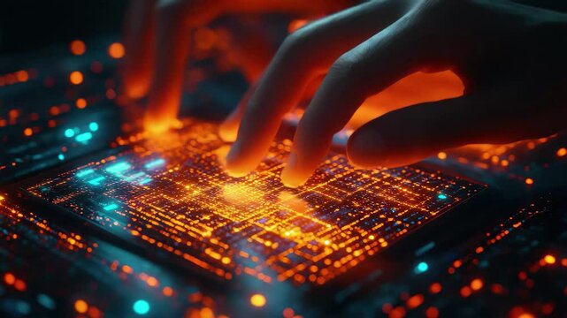 Hand is touching a computer screen with a glowing orange background. Concept of technology and innovation, as well as the idea of human interaction with machines