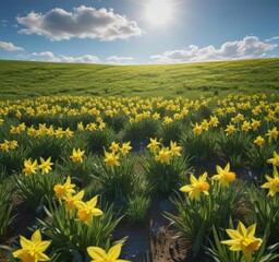 Obraz premium Sunlit yellow daffodils carpet a verdant field beneath a brilliant blue sky , petals, sunny