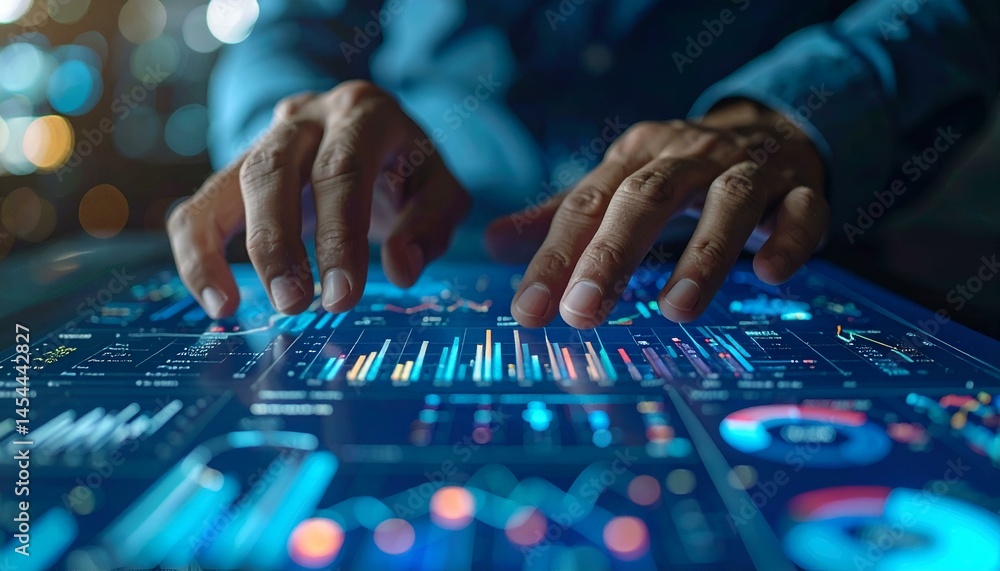 Poster close-up of hands interacting with a digital tablet displaying vibrant financial charts and graphs. 