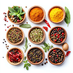 Spices herbs and peppercorns in bowls