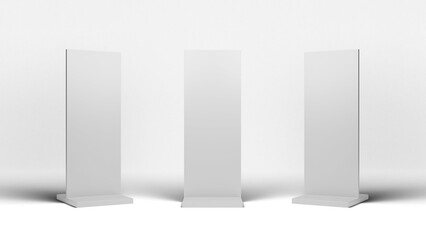 Set of advertising totem mockup on a isolated background. Roll up template with different angles. Empty information board. Info booth. Blank outdoor advertising stand mockup for product presentation.
