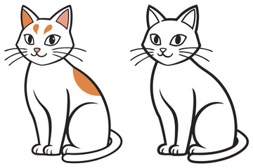 Two adorable cartoon cats sit side by side, with one in color and one outlined