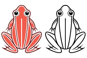 A coralcolored frog with white stripes sits beside a black outline version on white