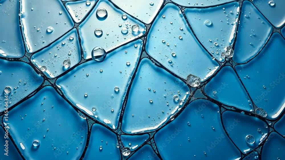 Poster microscopic view of transparent blue surface with water droplets and crystalline structures