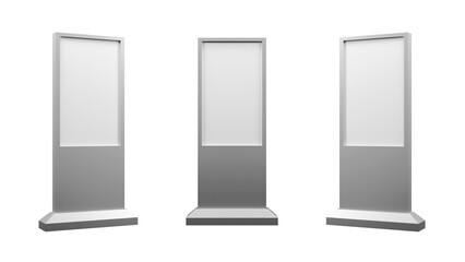 Set of outdoor touch screen kiosk isolated on background. Stand digital signage with blank screen mock up isolated background. 3d illustration.