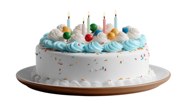 Festive Birthday Cake with Candles: A vibrantly decorated birthday cake, adorned with colorful frosting, sprinkles, and lit candles. It's an image perfect for celebration and joy.