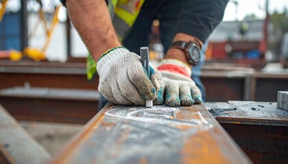 Construction Worker Marking Steel Beam with Chalk