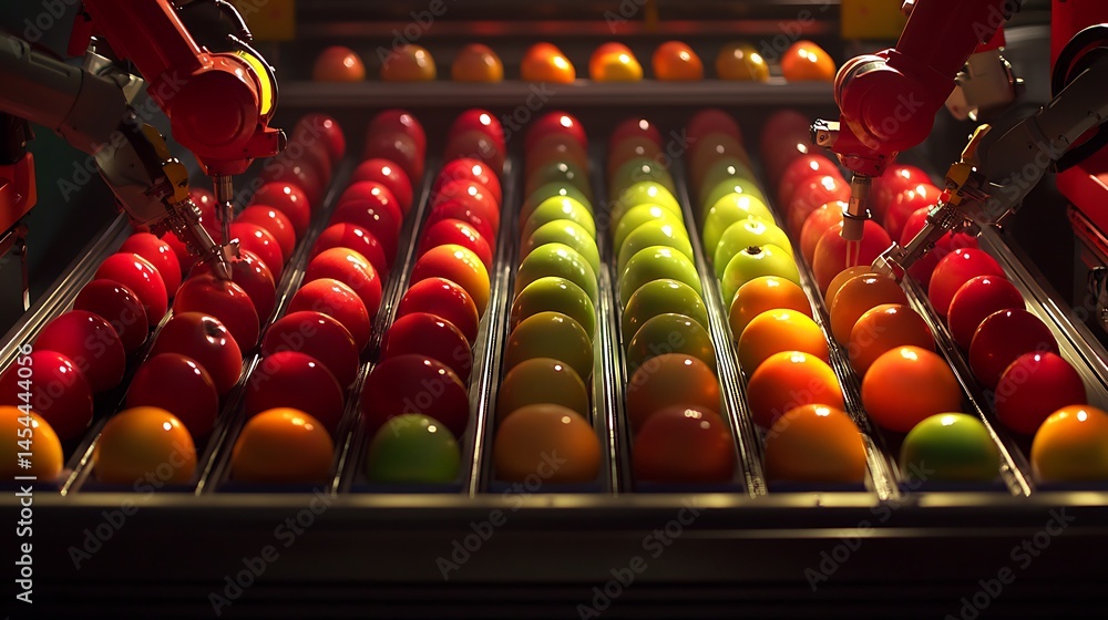 Aufkleber automated robotic arms sorting colorful fruits on a conveyor belt in a modern processing facility