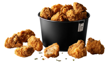 Golden Fried Chicken: A mouthwatering feast of crispy, golden-brown fried chicken pieces spills from a classic black bucket, a tantalizing treat for any appetite. 